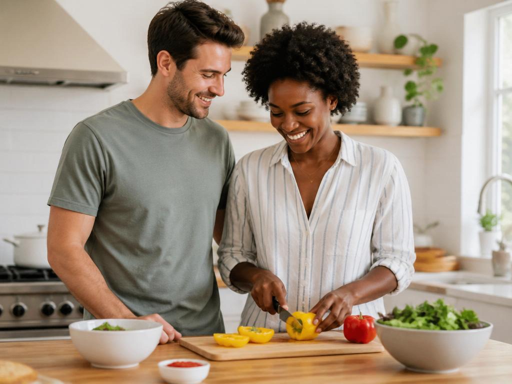 Casal feliz cozinhando juntos em casa